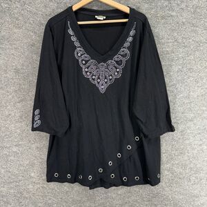 Distinct Blouse Women 3X Plus Black Rhinestone 3/4 Sleeve V-Neck Cotton Casual